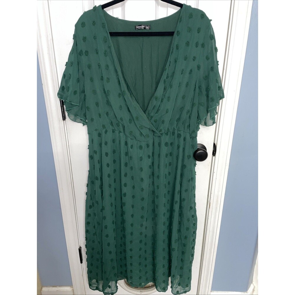 Shein Green Midi Dress 3X With Polka Dot Puffs And Sheer Sleeves